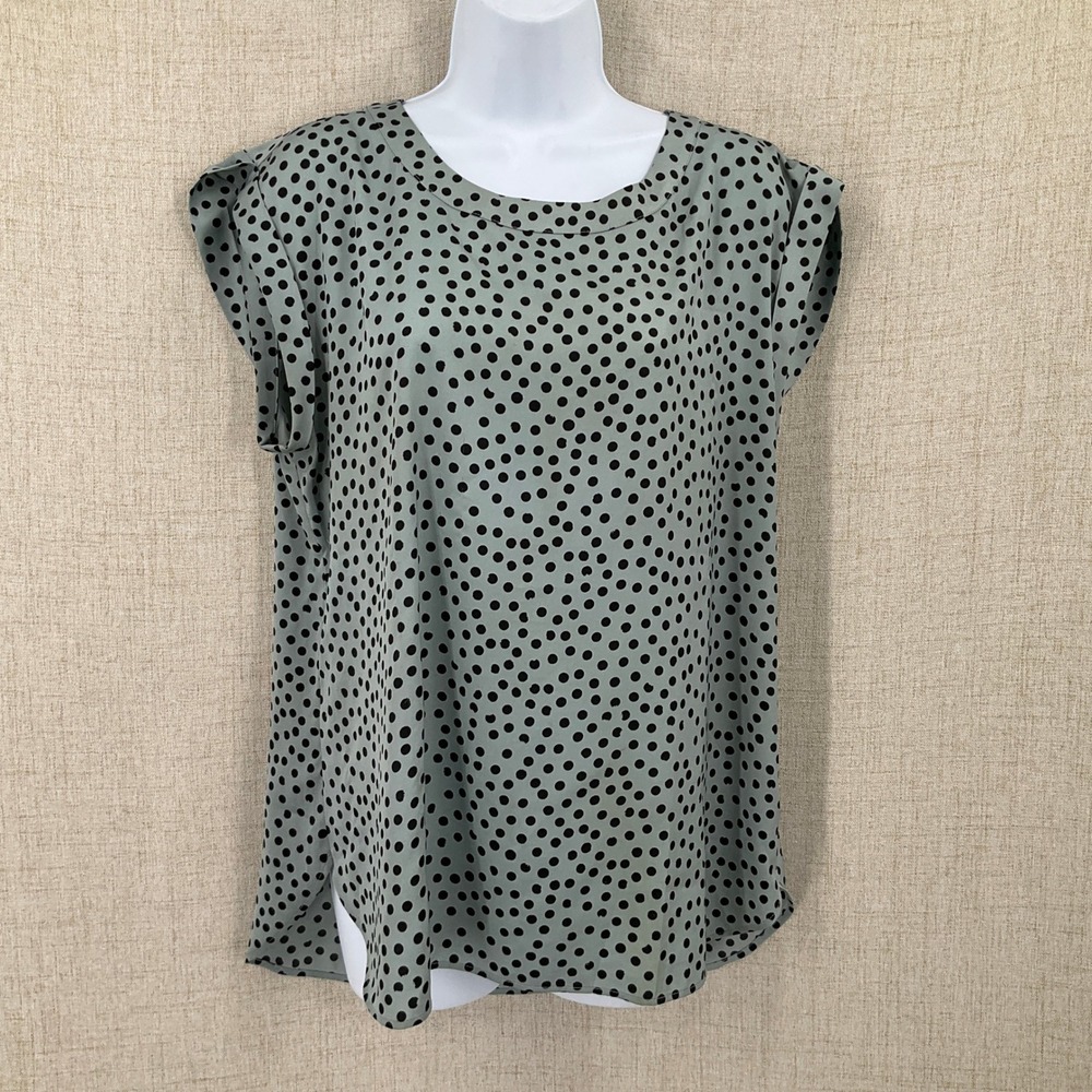 Ann Taylor Blouse Womens Large Sage Green Polka Dot Cap Sleeve Preppy Airy
